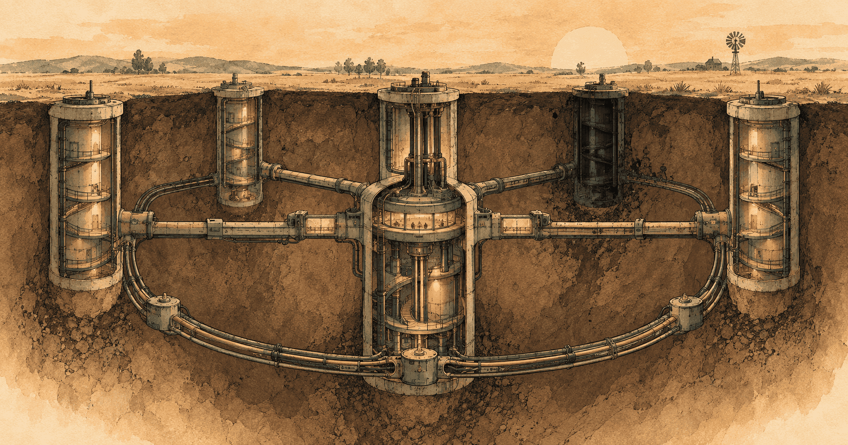 Hand-drawn cutaway of connected underground silos beneath a sparse landscape