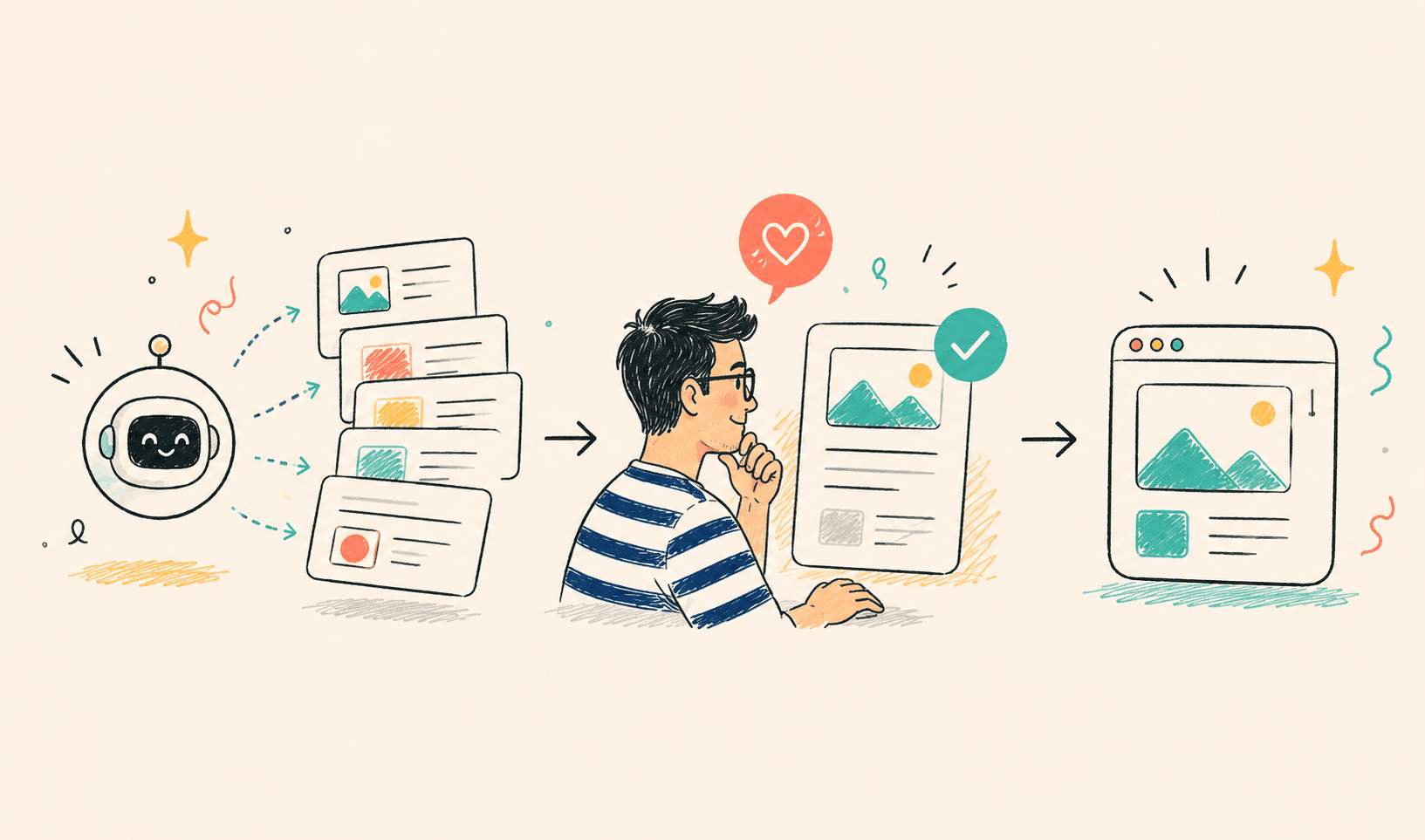 Hand-drawn illustration of an AI agent creating draft cards for a person to review before publishing