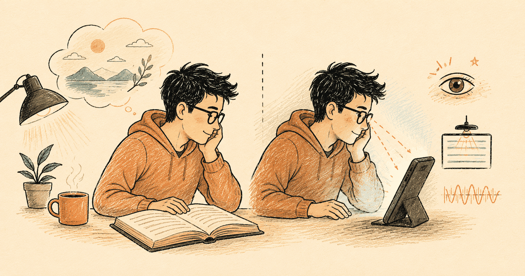 Hand-drawn split scene of a reader studying a paper book and a tablet, surrounded by symbols for light, blinking, reading distance, and display flicker